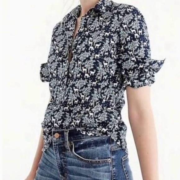 J CREW Women’s Navy Blue WOODLAND DEER Long Sleeve Popover Top Collared Size 2 - Picture 1 of 8
